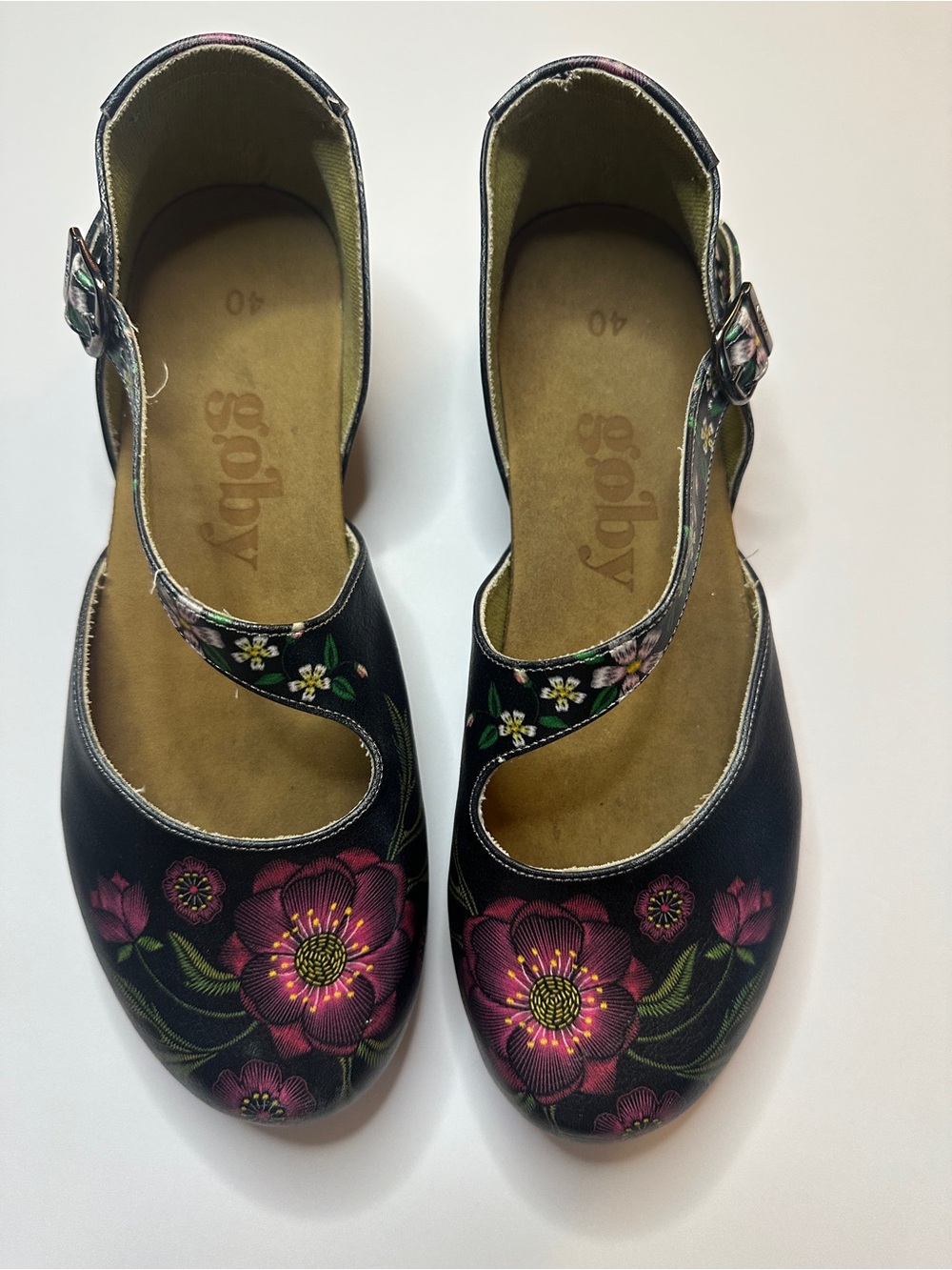 Goby Hand Painted Leather Women's Floral Mary Jane Flats Size 40